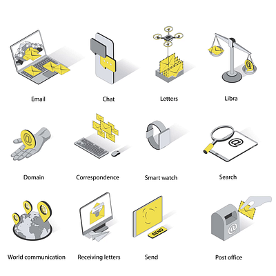 Mail 2d Icons Set Animation 2d animation chat correspondence domain email flat illustration isometric isons letters libra mail motion post office receiving letters search send smart watch world communication