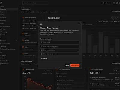 Manage Team Members · Koala UI dark dark mode dashboard dialog input modal product design saas saas product ui design ux design