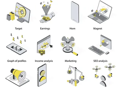 Marketing 2d Icons Set Animation 2d advertisement advertising animation balance earnings flat graph of profiles horn icons illustration income analysis isometric magnet marketing motion profile seo analysis target