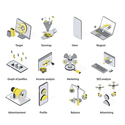 Marketing 2d Icons Set Animation 2d advertisement advertising animation balance earnings flat graph of profiles horn icons illustration income analysis isometric magnet marketing motion profile seo analysis target