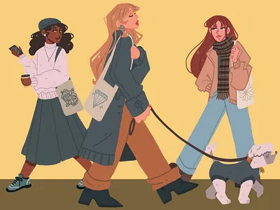 daily walk 2d dog editorial fashion flat illustration magazine woman