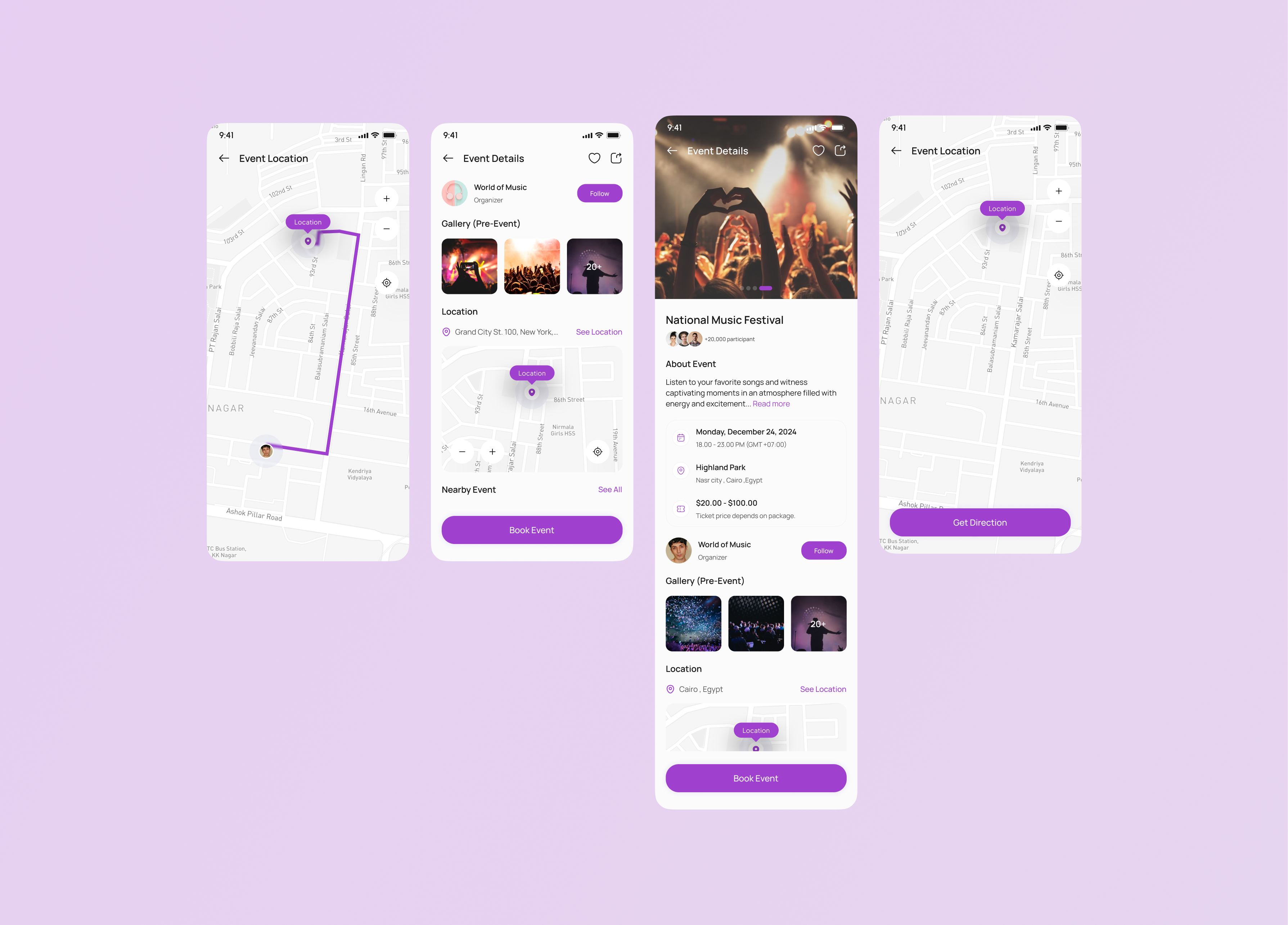 🎵 Event Booking App – Location & Details Screens branding design figma illustration logo mobile design ui ui ux uiux user ux