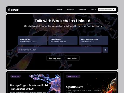 Cower - AI Blockchain Website ai ai driven blockchain blockchain interaction creative crypto crypto assets dark theme design illustration interface design landing page modern ui on chain transactions platform token user interface uxui web 3 web ui