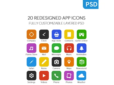20 Redesigned App Icons PSD app apple flat icon interface ios iphone layout psd redesign resource ui