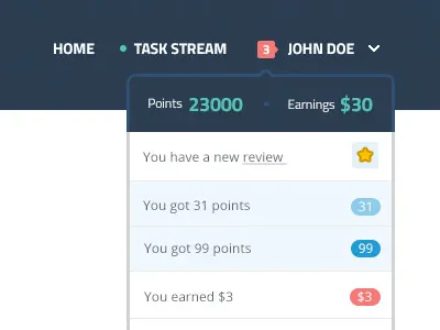 Notifications and earnings drop down list notifications points score status warning