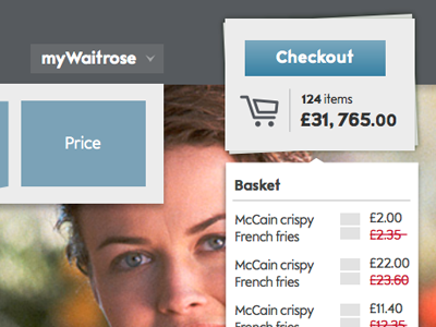 Waitrose basket area checkout drop down menu overlay shopping basket trolley