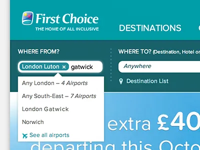 First Choice search airport drop down multiple items pills search