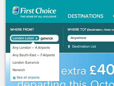 First Choice search airport drop down multiple items pills search