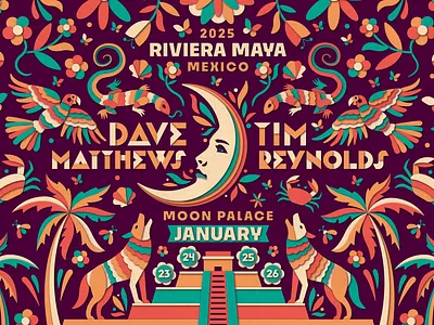 Dave Matthews & Tim Reynolds 2025 Riviera Maya Branding aztec dan kuhlken dave matthews design dkng dkng studios geometric illustration mexico nathan goldman otomi poster pyramid tim reynolds vector