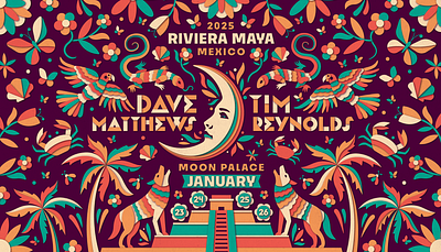 Dave Matthews & Tim Reynolds 2025 Riviera Maya Branding aztec dan kuhlken dave matthews design dkng dkng studios geometric illustration mexico nathan goldman otomi poster pyramid tim reynolds vector