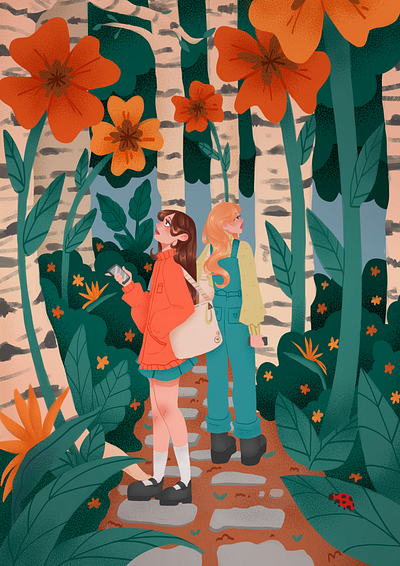 Between Leaves & Hearts 2d art editorial flat flowers illustration nature plants woman women