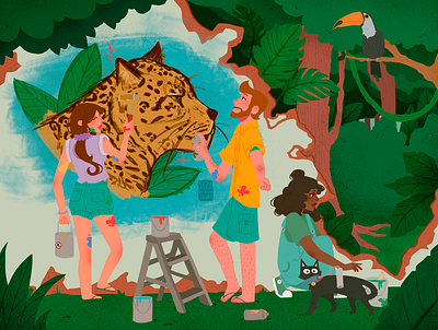 Art in the jungle 2d amazon animals art cat editorial flat flowers illustration jungle leopard lion nature plants