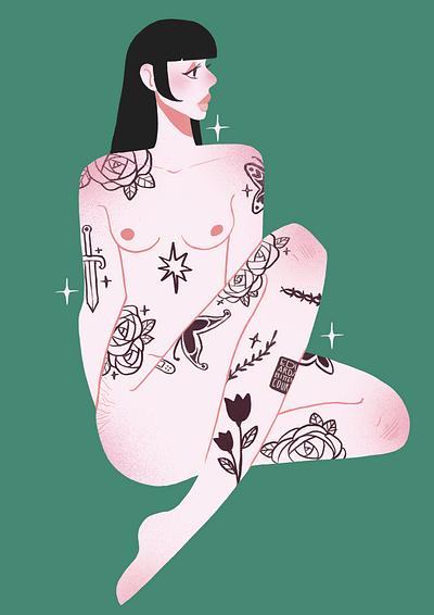 tattoos 2d art design editorial flat green illustration tattoos woman