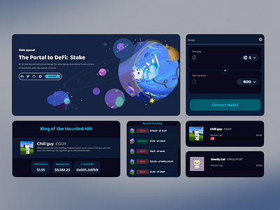 DeFi Portal with Playful Design blockchain ux colorful illustrations crypto analytics crypto wallet decentralized exchange defi platform financial dashboard futuristic design gamified finance interactive interface modern ui nft integration playful design real time activity responsive layout smooth navigation space theme staking platform token swap ux ui