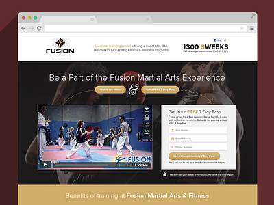 Fusion clean email capture form hero icons landing page martial arts photo tan yellow