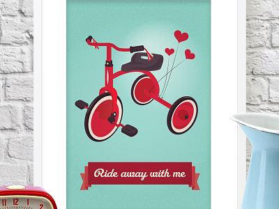 Ride Away With Me Print aqua home decor illustration mid century modern nursery art print poster retro ruby red sara blue creative tricycle