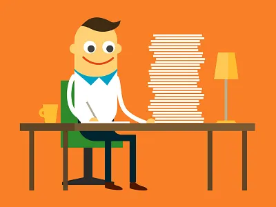 Happy man at desk at big colourful desk eyes happy illustration man simple