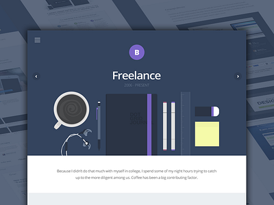 Freelance Case Study art clean coffee illustration landing page navy pen pencil purple stuff tools