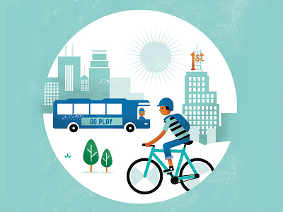 In-Transit 1 bike bus city illustration skyline transit transportation tree