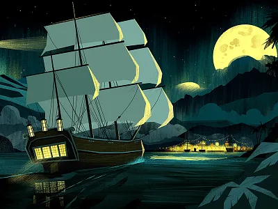 Hawaii First Keyframe Illustrations hawai illustration moon night ocean ocs orlin culture shop pirate retro ship tropical vintage