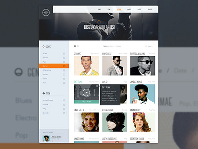 Find Artist agency artist cloud filter header logo me saints sidebar thumbnail ui ux