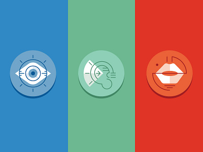 Look Listen Speak badges ear eye illustration mouth