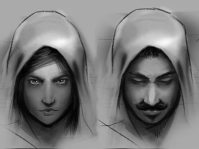 Hooded Dribbble black bw female hood illustration male photoshop portrait white