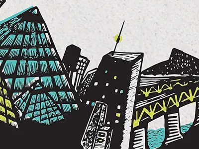 Little Linotown in Alberta linocut llustration weird