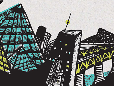 Little Linotown in Alberta linocut llustration weird
