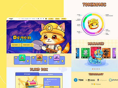 Degen Ton - NFT Gaming Website animated cat animation animie design bright colors bright theme cartoon style cat miner character design design engaging interface gaming website illustration interacrive elements mining theme nft game shovel ui ui design ux web ui