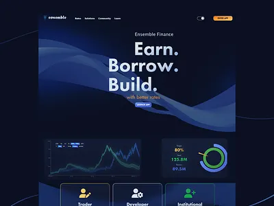 Ensemble - Finance Platform borrowing chart display dark theme defi design earning finance dashboard finance platform interface design landing page launch button lending ui design user experience ux design uxui web 3 web design web ui web ux