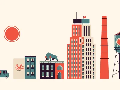 Bull City building bull illustration smoke stack sun truck water tower