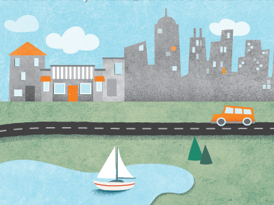 Cityscape illustration boat buildings city grunge metro minimalist shops skyline skyscraper storefront