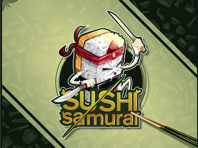 Sushi samurai bar brand chopsticks cut dinner eat illustration logo lunch restaurant samurai sushi