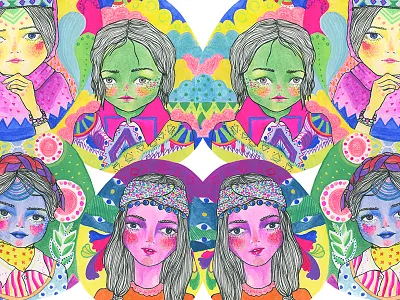 Watercolor Natives colorful drawing fashion floral girls green illustration indians ink mirrored watercolor yellow