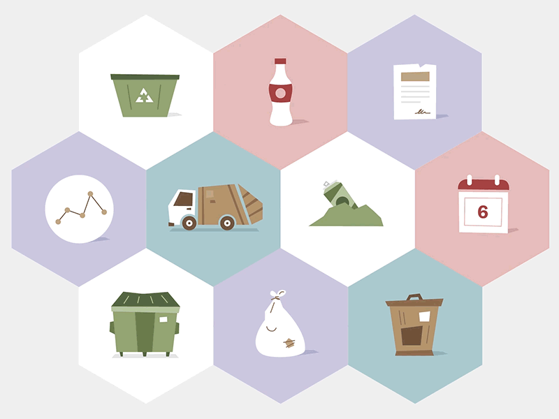 Trash Analytics [GIF] animated animation bottle bounce dots easing gif hexagon icons lines physics wood