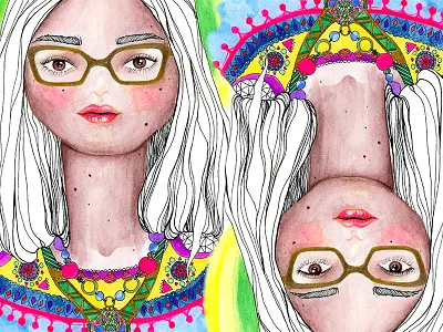 Watercolor Illustration fashion girl glasses illustration ink manipulation pattern tribal watercolors