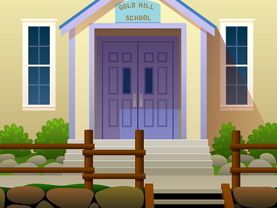 Mountain Schoolhouse 2 architecture door fence illustration rocks school stairs window