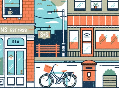 Street Scene bench bicycle city muti postbox shop store texture vector