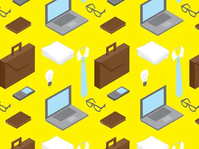 Work pattern axonometric case glasses illustration isometric notebook office pattern phone tie work yellow