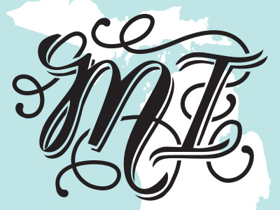 MI mini print america fancy initials map mi michigan mitten state monogram overprint screen print script type