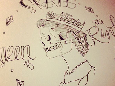 Skate or Die Queen drawn hand lettering queen script skate skull tattoo