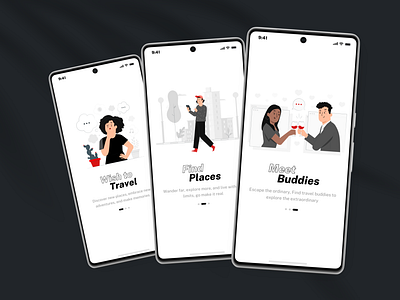 Trivellio - Find Your Travel Buddy android app design inspiration interaction design minimalism mobile screens onboarding screens splash screens splashscreen travel buddy uidesign ux design