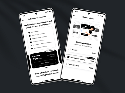 TimeSlick - Subscription Screens black and white choose subscription clean designs design inspiration inspiration minimal screens premium model subscription model subscription screens white theme