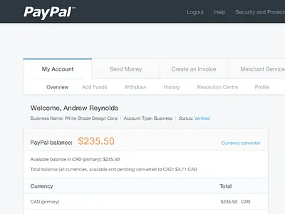Paypal Redesign blue clean concept flat grey navigation paypal ui web app