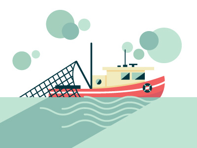 Shrimpin' Boat boat clouds fish illustration net shrimp water waves