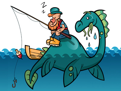 Nessie and Fisherman art character dinosaur fisherman funny hand draw illustration monster vector