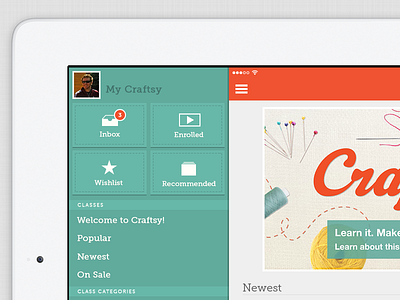 Craftsy App 2.0 craft flat hamburger ios7 ipad