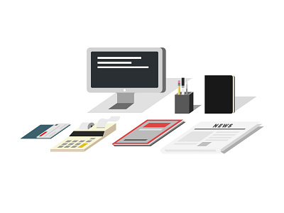 Desktop Illustration calculator checks desktop flat graphics illustration magazine moleskin newspaper pens ui