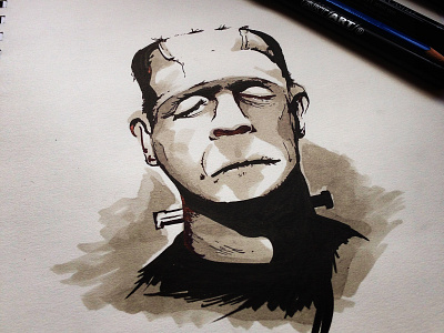 Frankenstein drawing frankenstein halloween ink light shading sketch